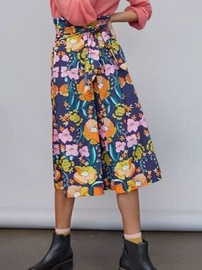 Corey Lynn Calter Navy Floral Skirt with Yellow and Orange Accents